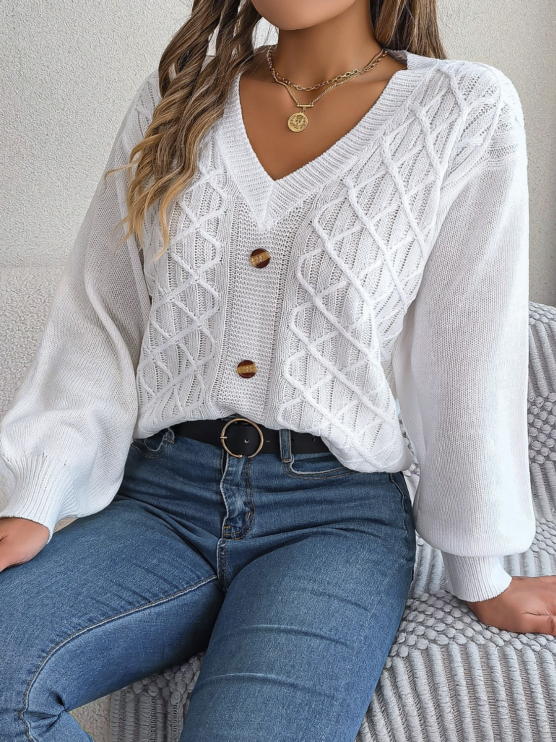 Cable-Knit V-Neck Lantern Sleeve Sweater  Trendsi   