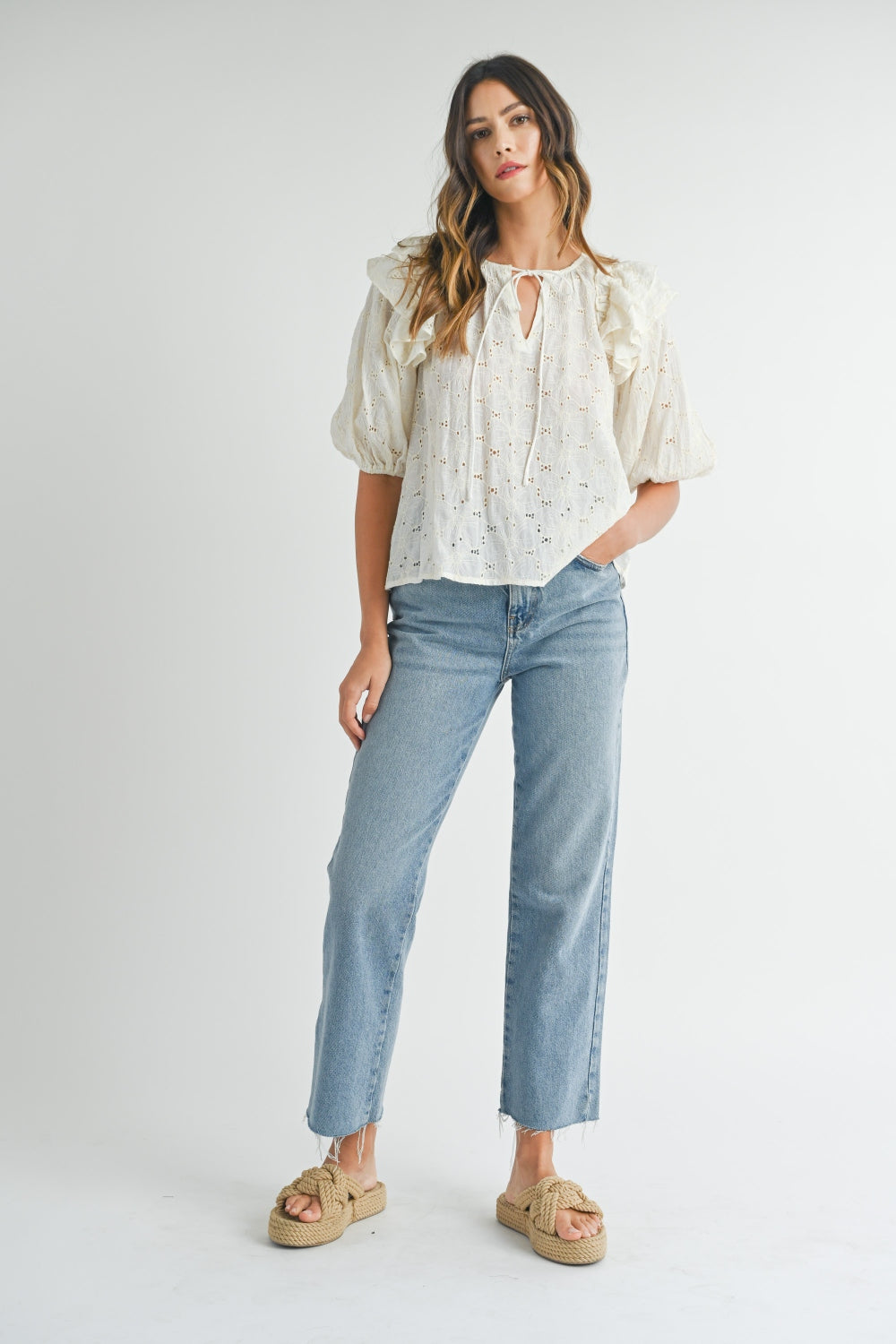 MABLE Eyelet Lace Ruffle Shoulder Puff Sleeve Blouse  Trendsi   