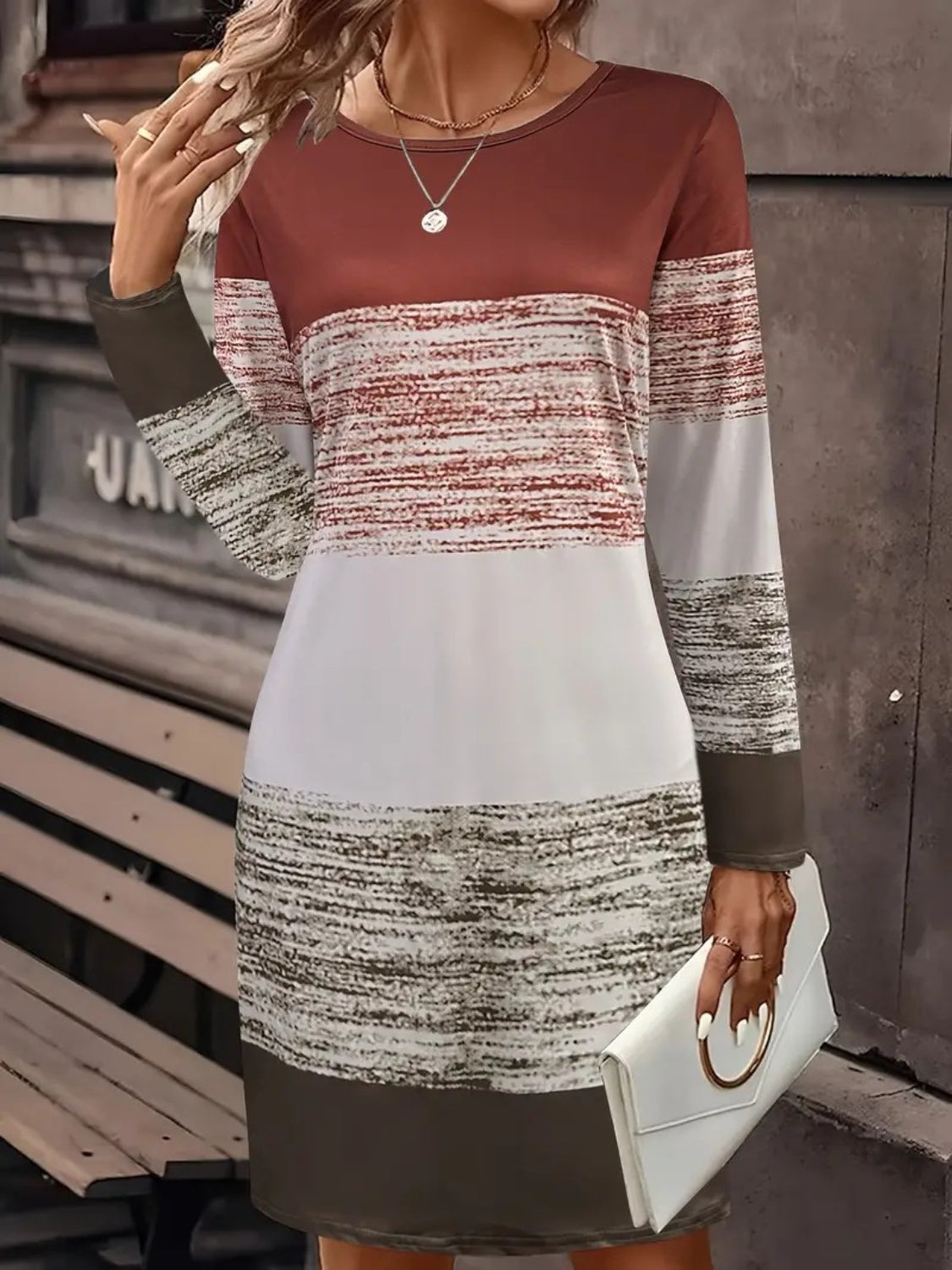 Color Block Round Neck Long Sleeve Dress Dress Trendsi Brown S 