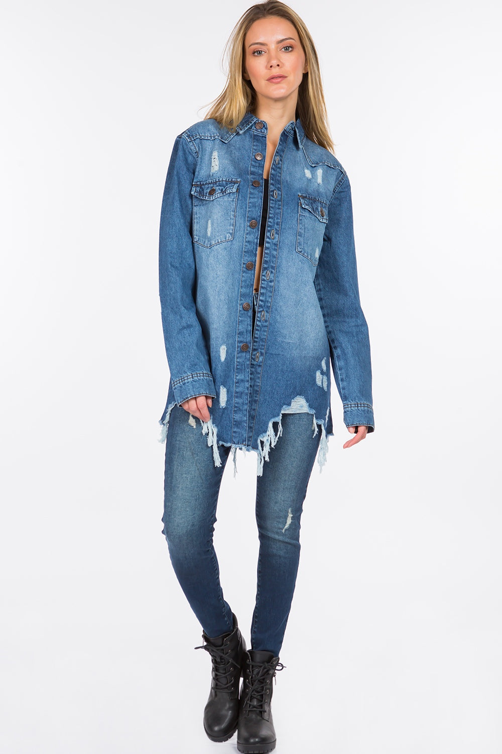 American Bazi Distressed Frayed Hem Denim Jacket  Trendsi   