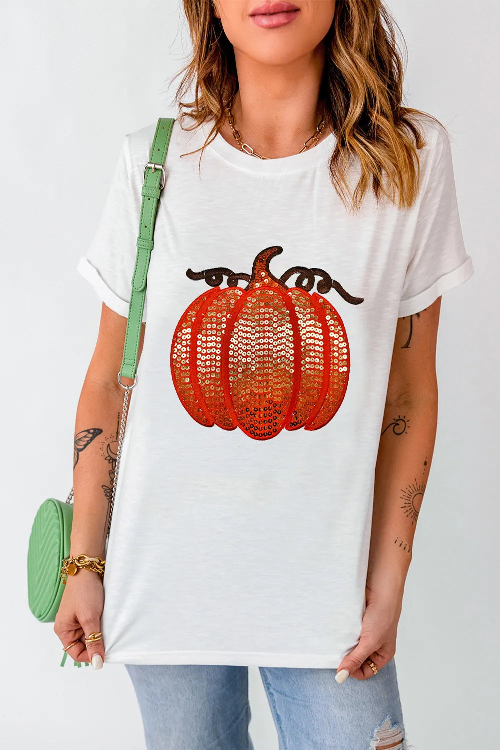 Full Size Sequin Pumpkin Round Neck Short Sleeve T-Shirt T-Shirt Trendsi   