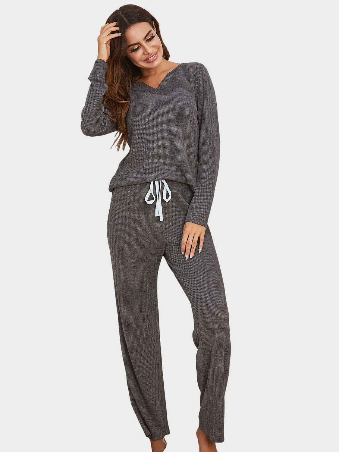 Notched Long Sleeve Top and Pants Set  Trendsi   