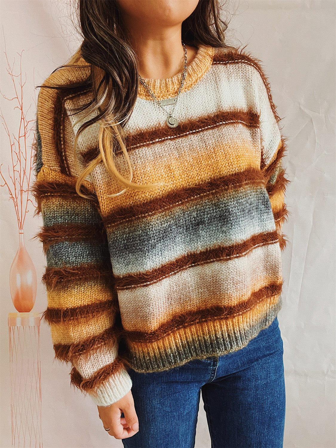 Striped Round Neck Long Sleeve Sweater  Trendsi   