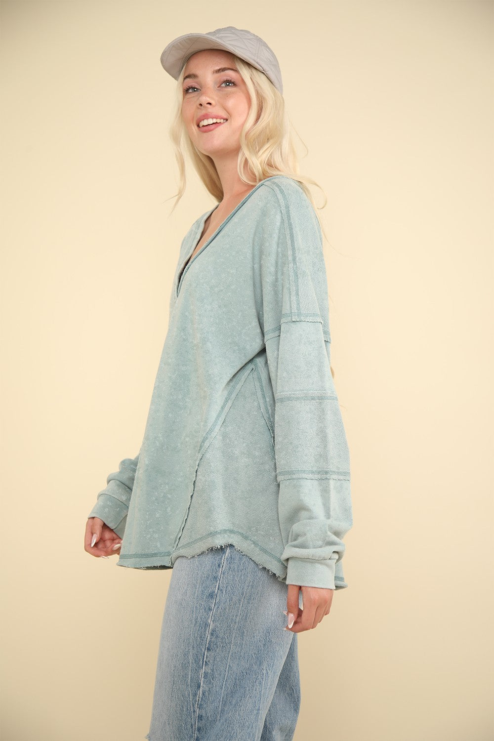 VERY J Washed V-Neck Exposed Seam Knit Top Luxe Trendsi   