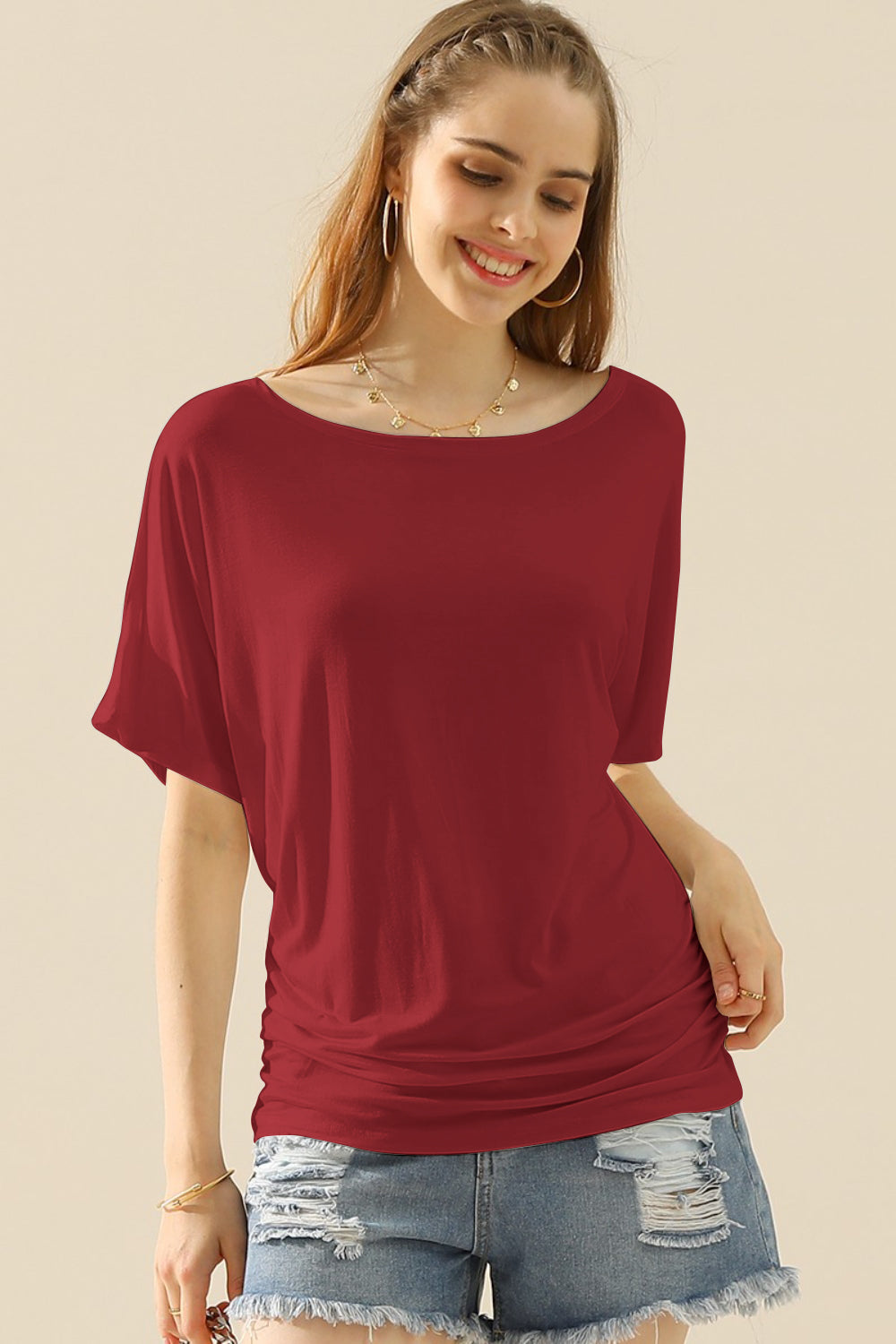 Ninexis Boat Neck Short Sleeve Ruched Side Top Blouse Trendsi   