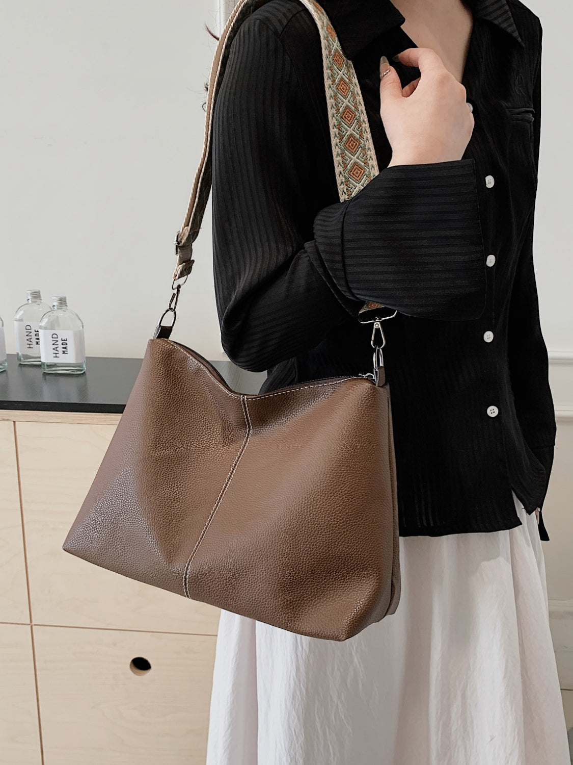 PU Leather Geometric Pattern Strap Shoulder Bag  Trendsi Brown One Size 