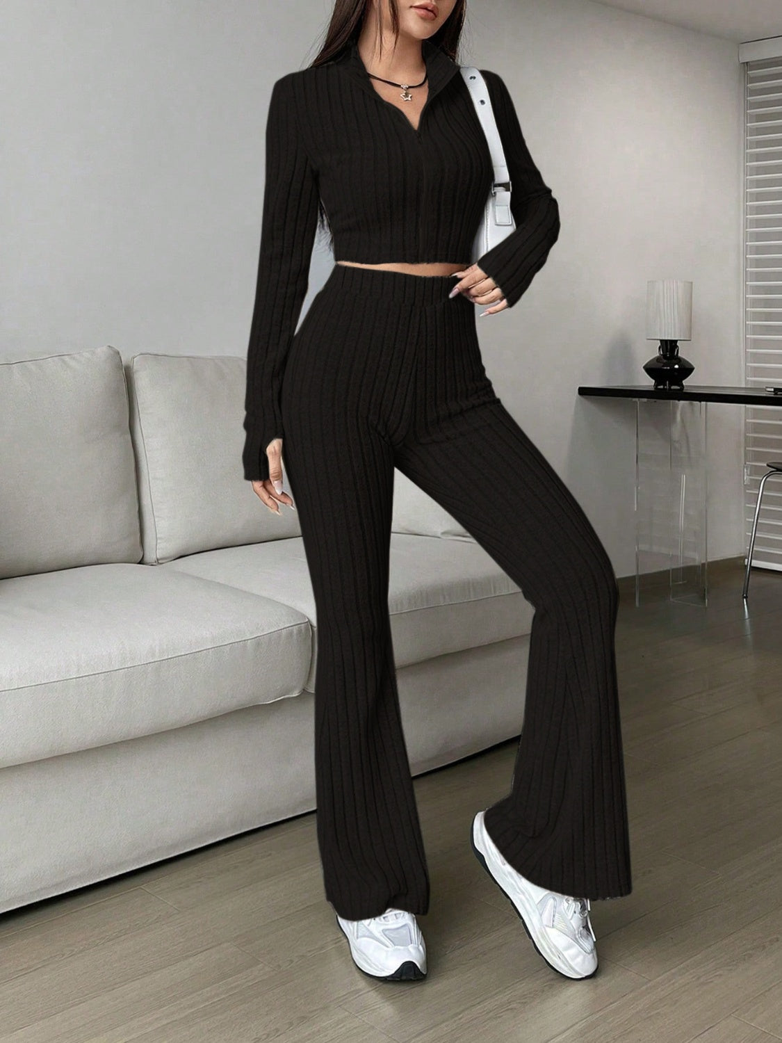 Honey Zip Up Long Sleeve Top and Pants Set  Trendsi Black S 