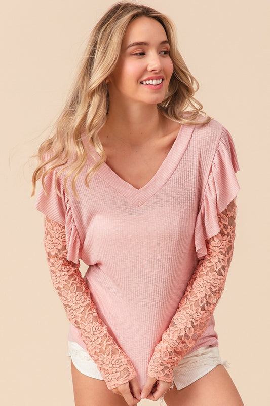 BiBi Ruffled Lace Sleeve Rib Knit Top  Trendsi Blush Pink S 