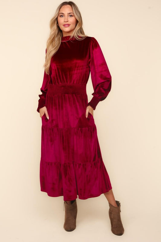 Haptics Mock Neck Smocked Waist Velvet Tiered Dress  Trendsi Burgundy S 