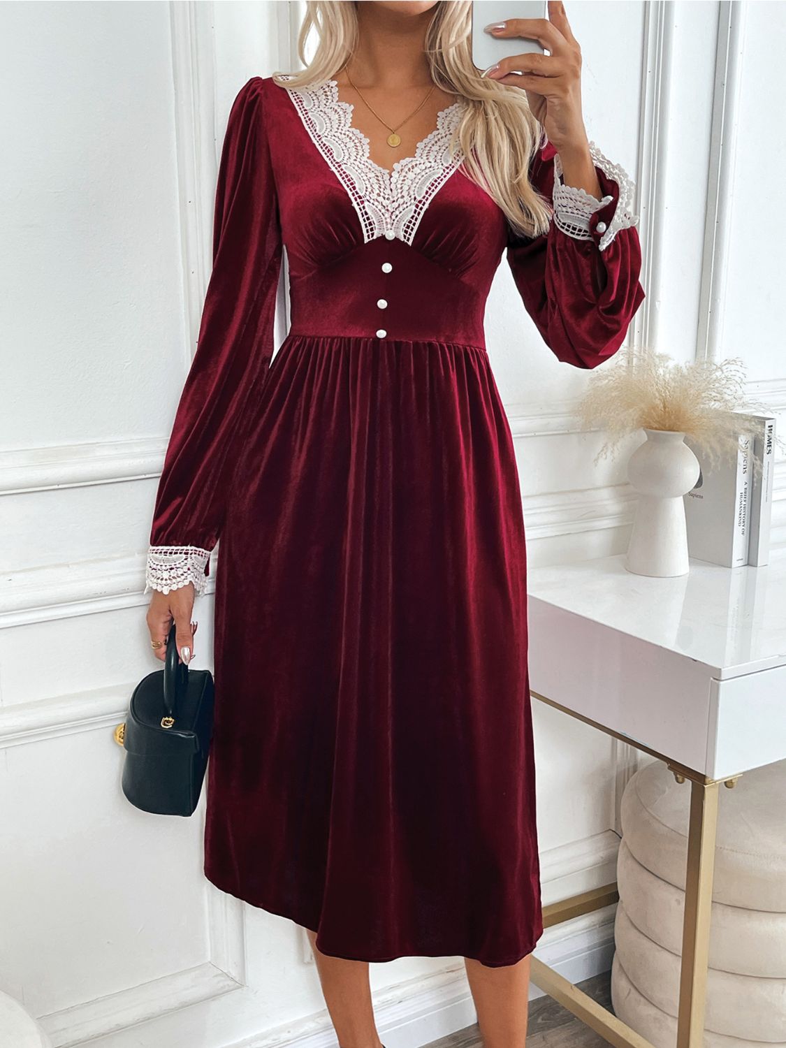 Perfee Lace Detail V-Neck Long Sleeve Midi Dress  Trendsi Burgundy S 