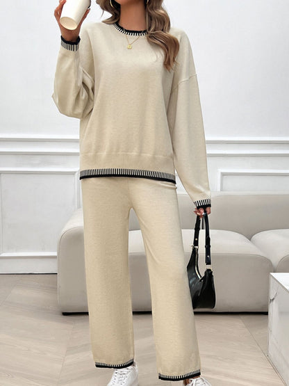 Devine Round Neck Dropped Shoulder Top and Pants Sweater Set