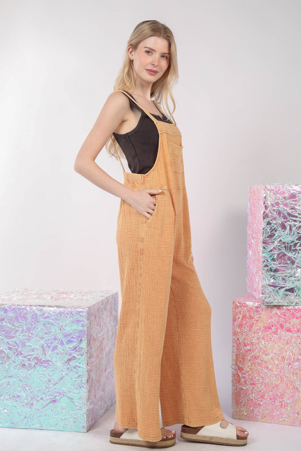 VERY J Texture Washed Wide Leg Overalls  Trendsi   