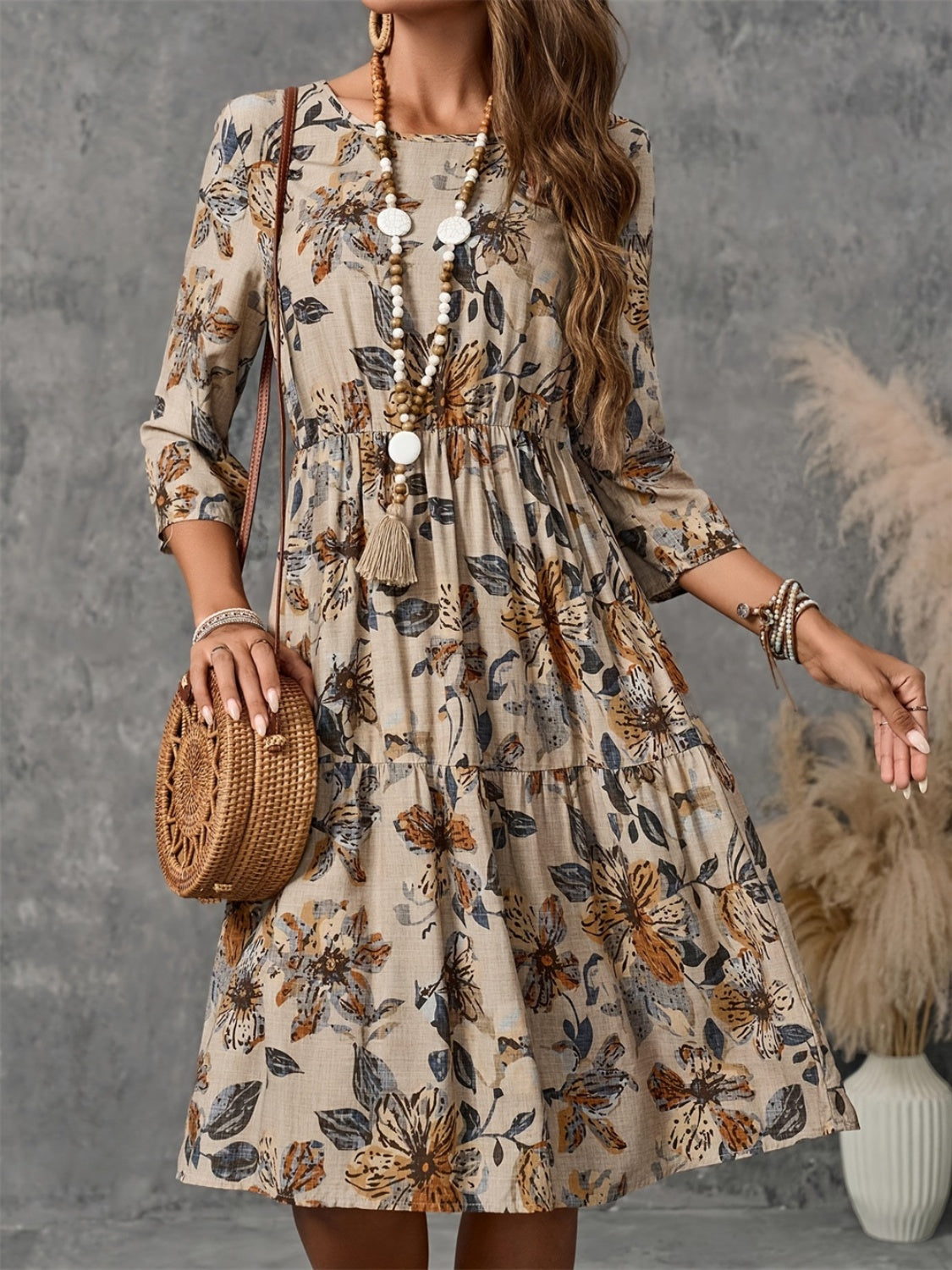 Printed Round Neck Three-Quarter Sleeve Dress  Trendsi   