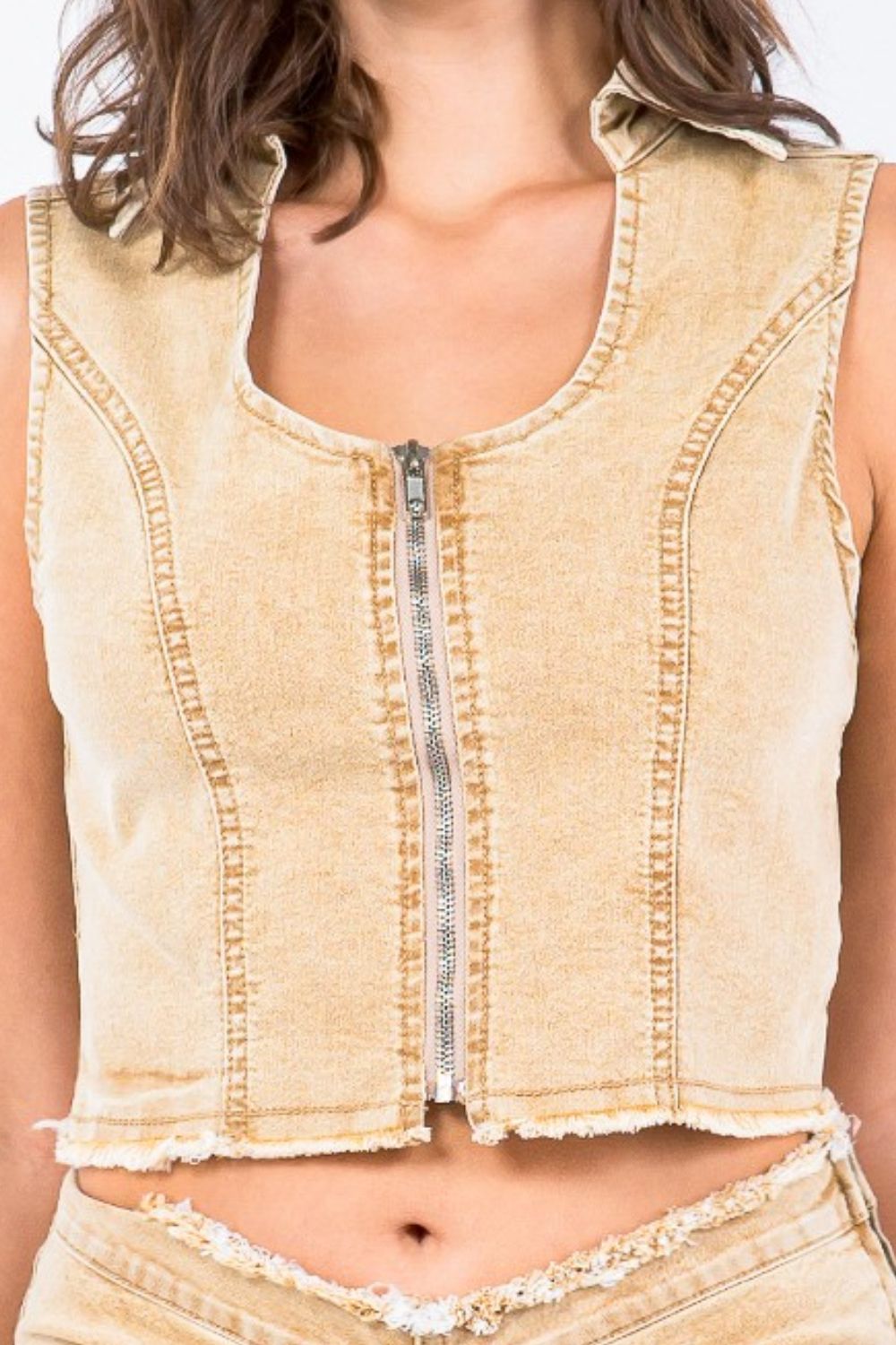 American Bazi Zip Up Washed Crop Denim Vest  Trendsi   