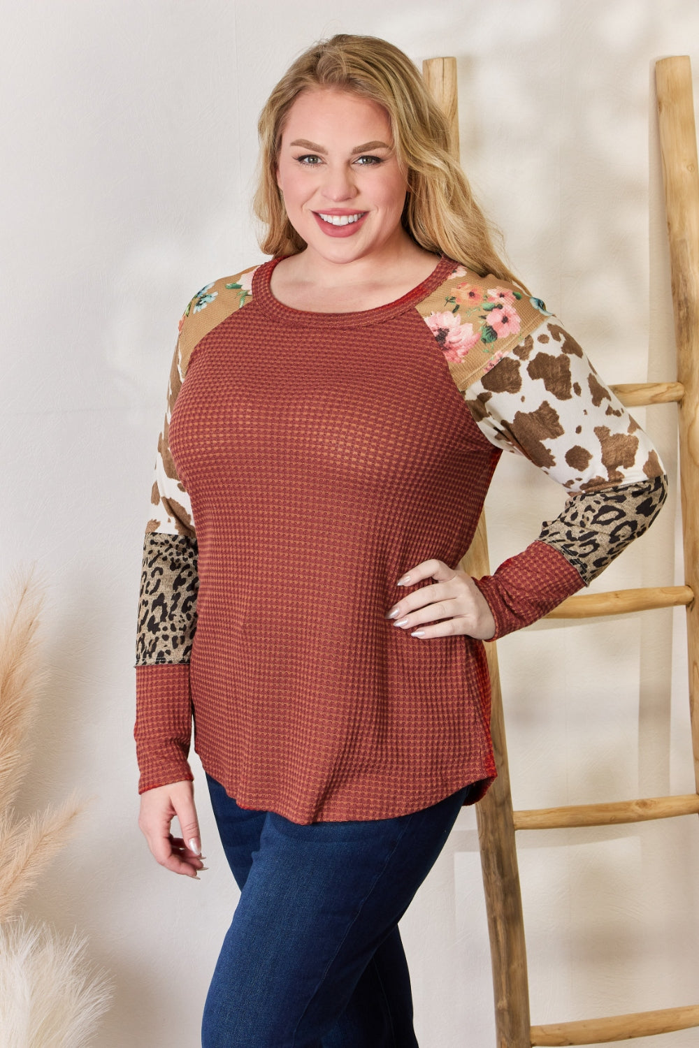 Hailey & Co Full Size Leopard Waffle-Knit Blouse  Trendsi   