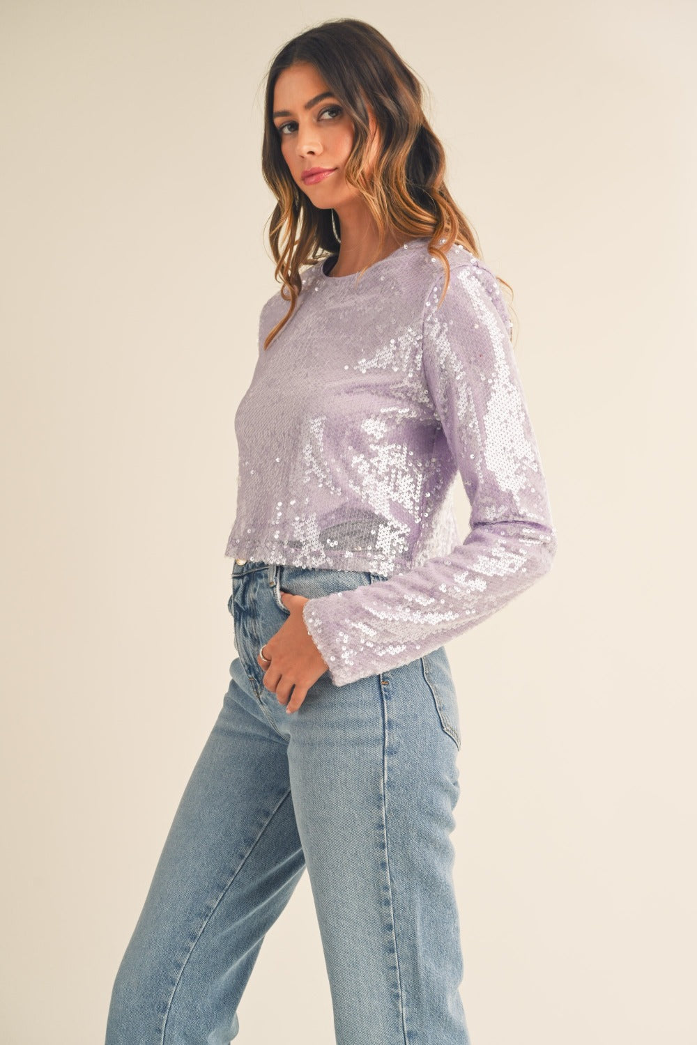 MABLE Shoulder Padded Sequin Crop Top Crop Top Trendsi Lavender S 