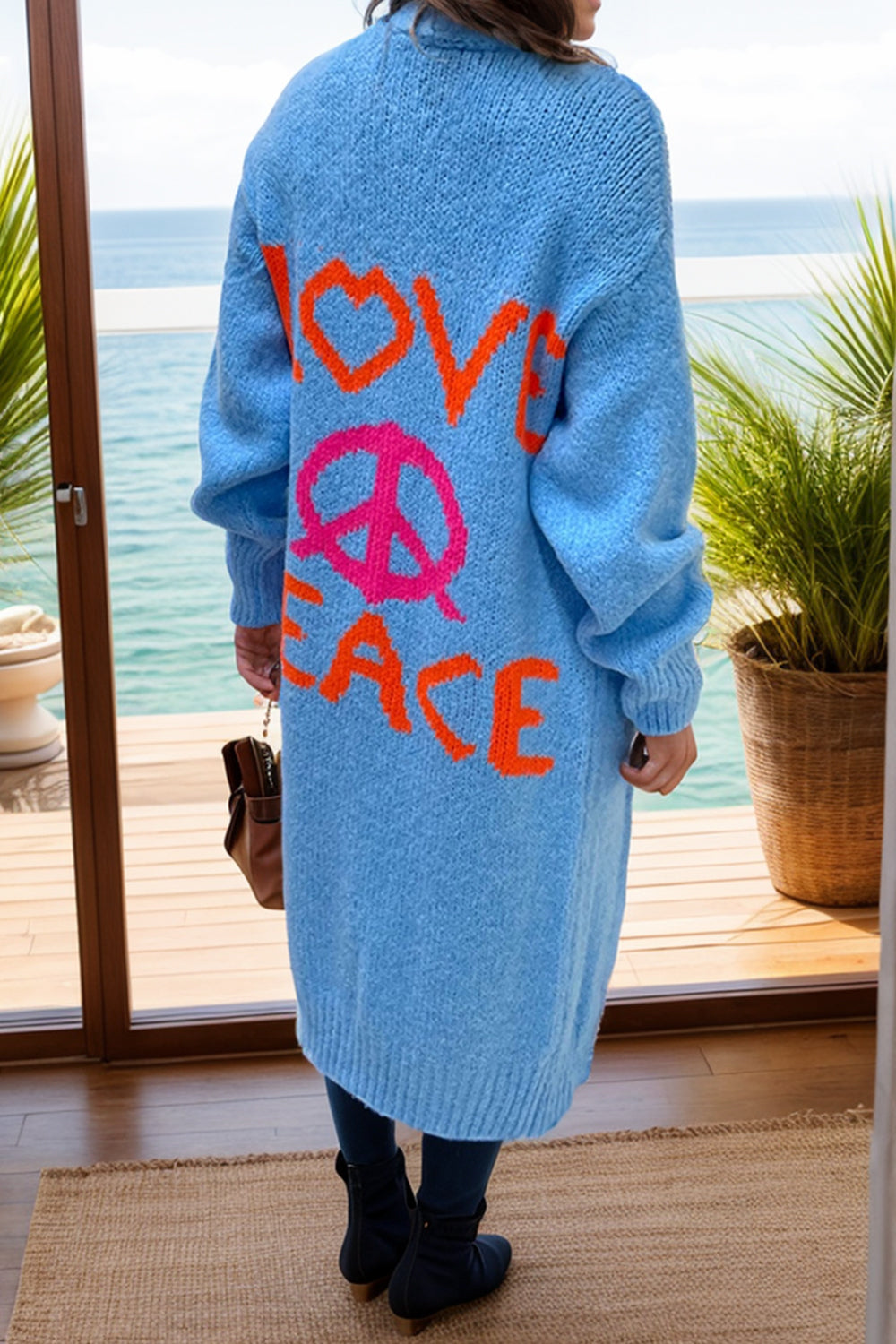 Peace Sign Long Sleeve Cardigan  Trendsi Cerulean S 