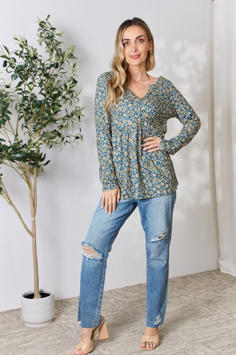 Heimish Full Size Floral Half Button Long Sleeve Blouse Blouse Trendsi   