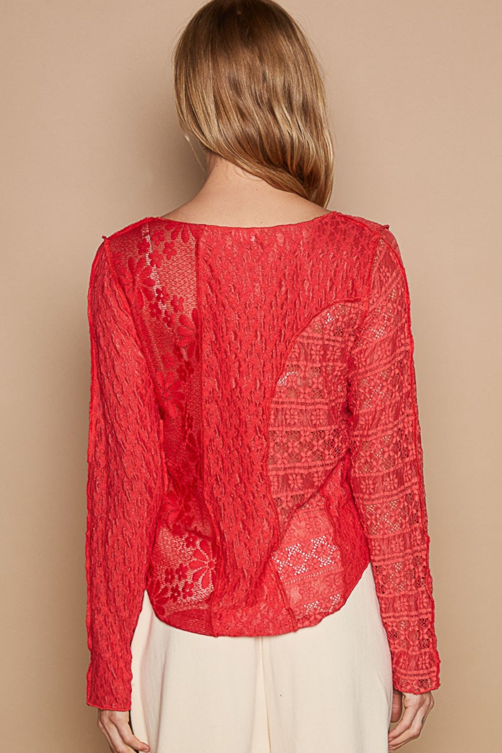 POL Exposed Seam Long Sleeve Lace Knit Top  Trendsi   