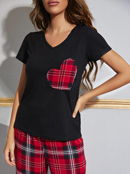 Heart Graphic V-Neck Top and Plaid Pants Lounge Set  Trendsi   