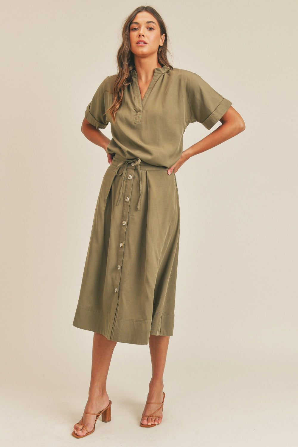 MABLE Short Sleeve Top and Button Down Midi Skirt Set  Trendsi   