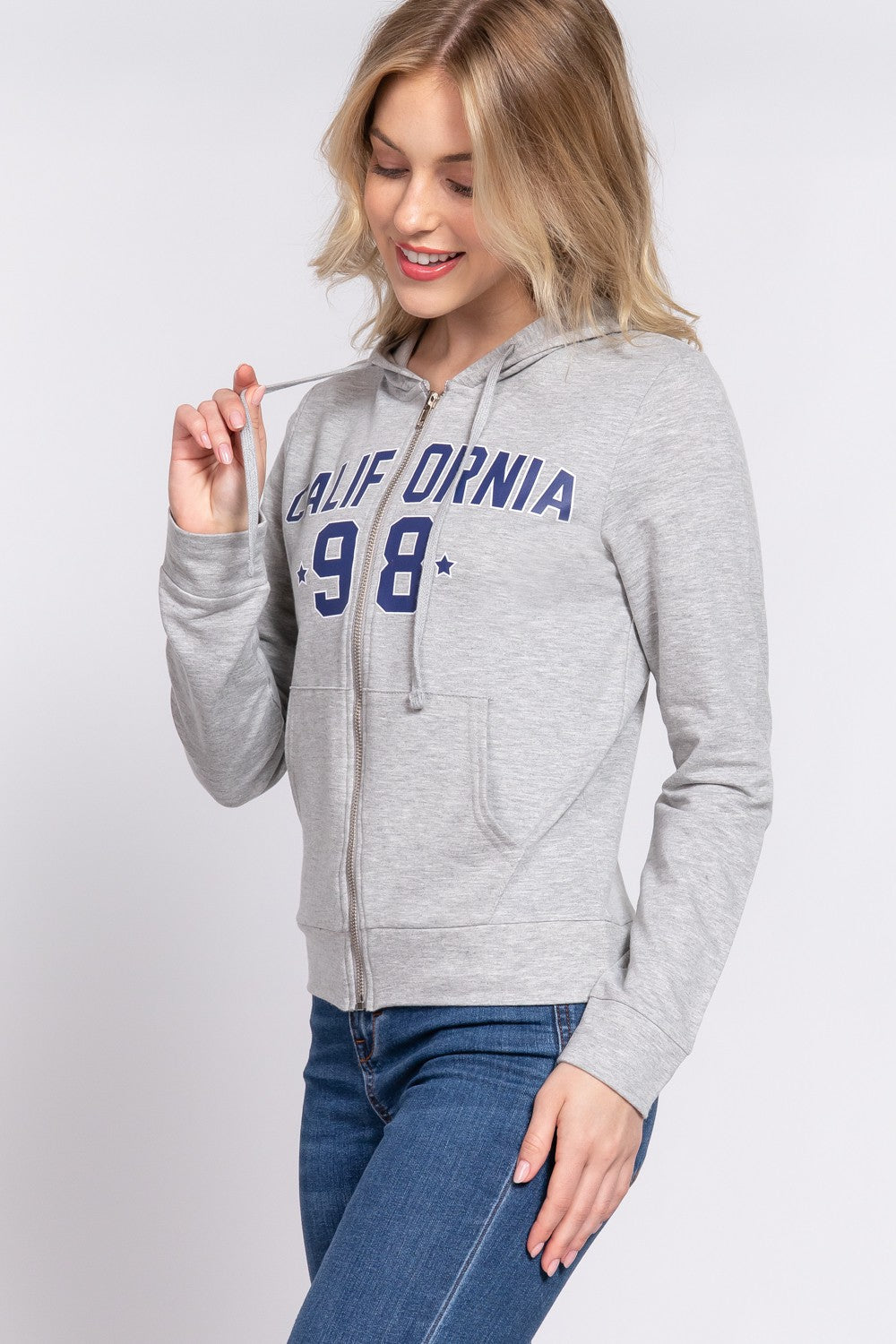 ACTIVE BASIC CALIFORNIA Zip Up Drawstring Long Sleeve Hoodie  Trendsi   