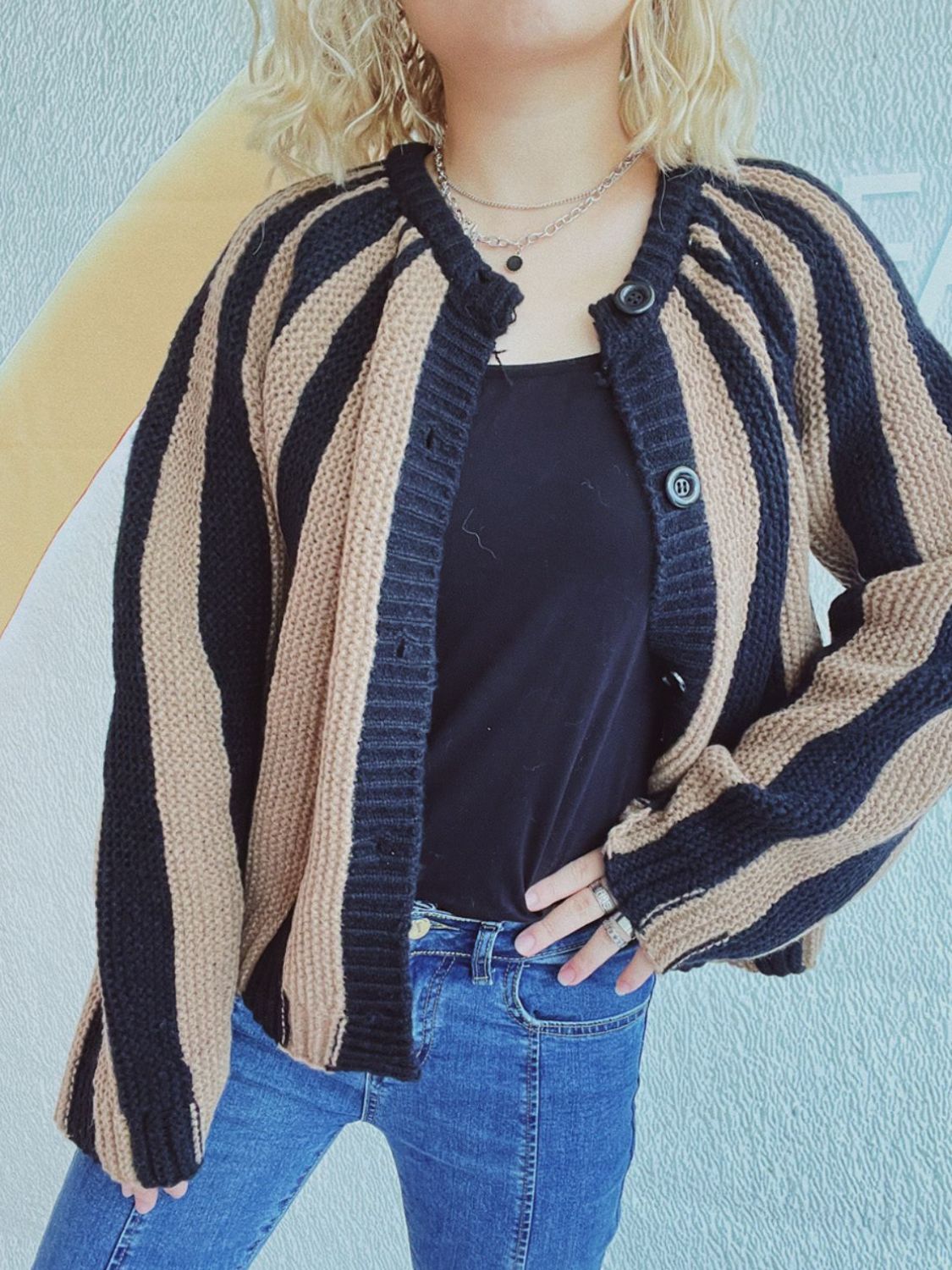 Contrast Stripes Button Down Long Sleeve Cardigan  Trendsi   