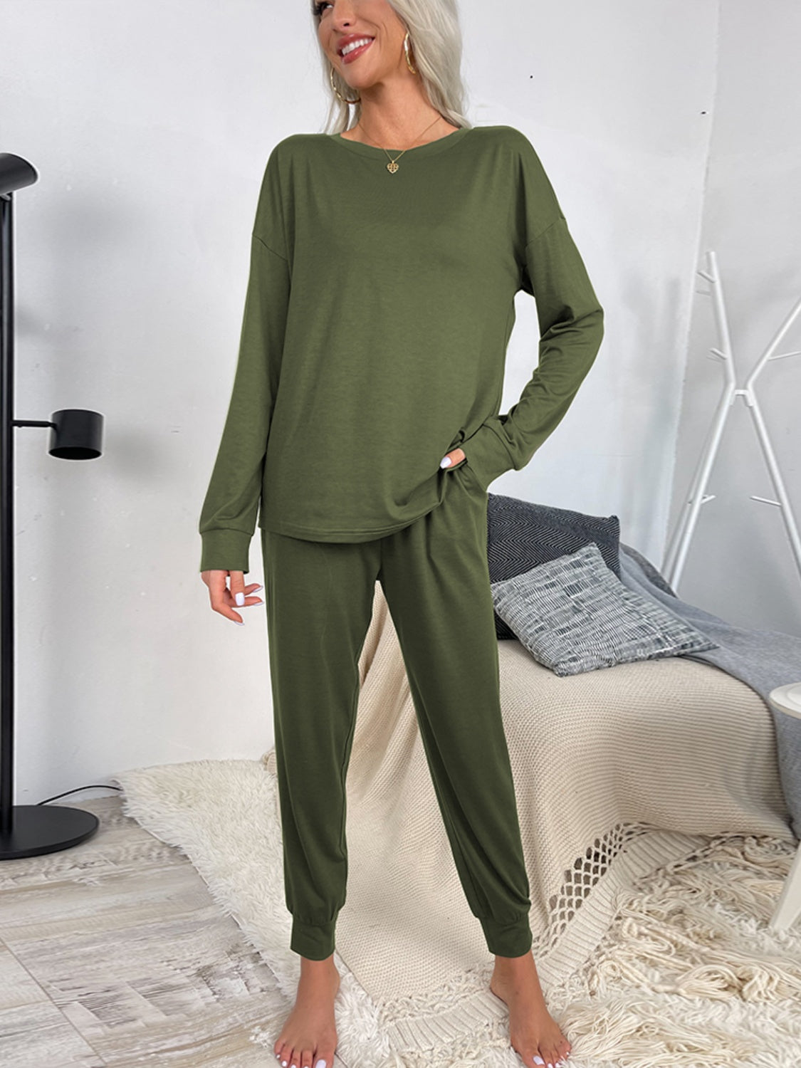 Shiny Round Neck Top and Drawstring Pants Lounge Set  Trendsi   