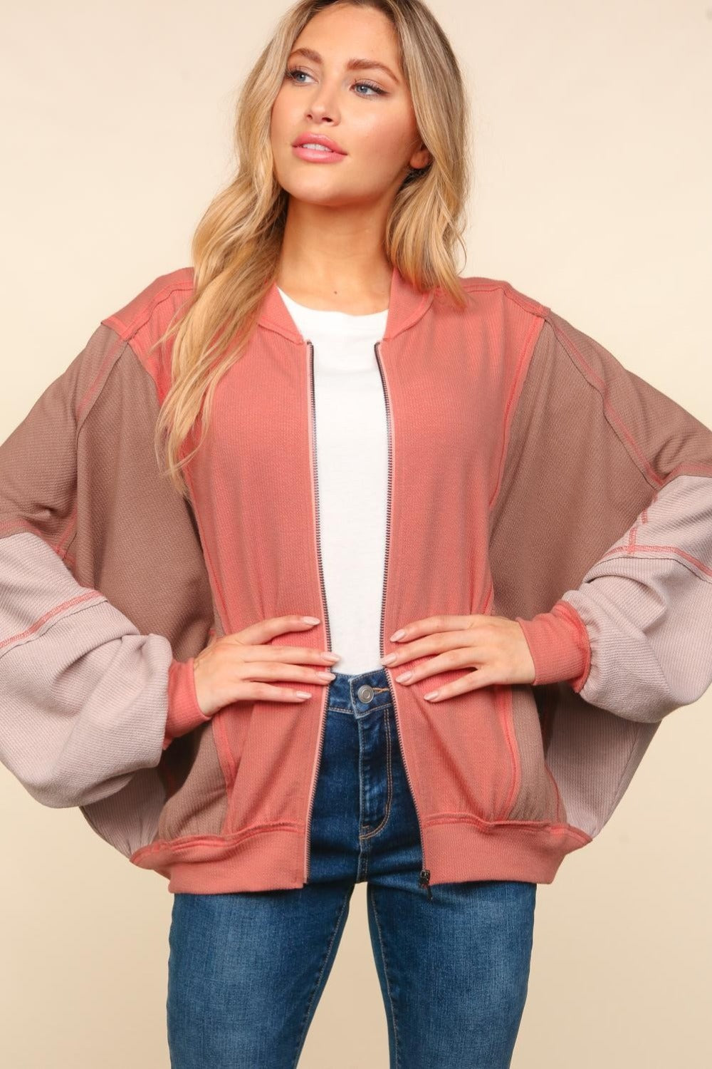 Haptics Zip Up Color Block Bomber Jacket with Side Pockets  Trendsi   