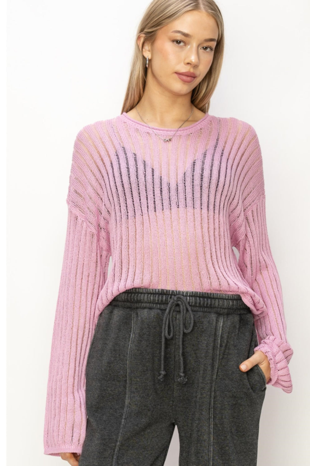 HYFVE Openwork Ribbed Long Sleeve Knit Top  Trendsi PINK S 