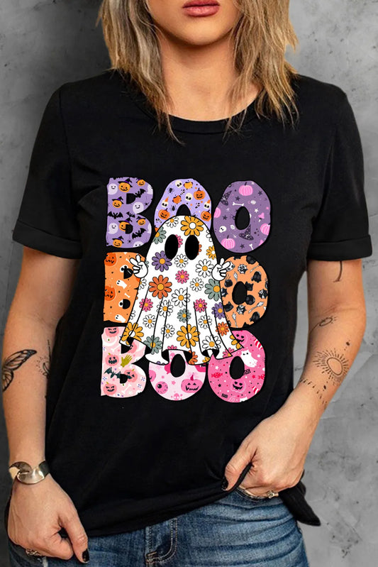 BOO Ghost Graphic Round Neck Short Sleeve T-Shirt T-Shirt Trendsi Black S 