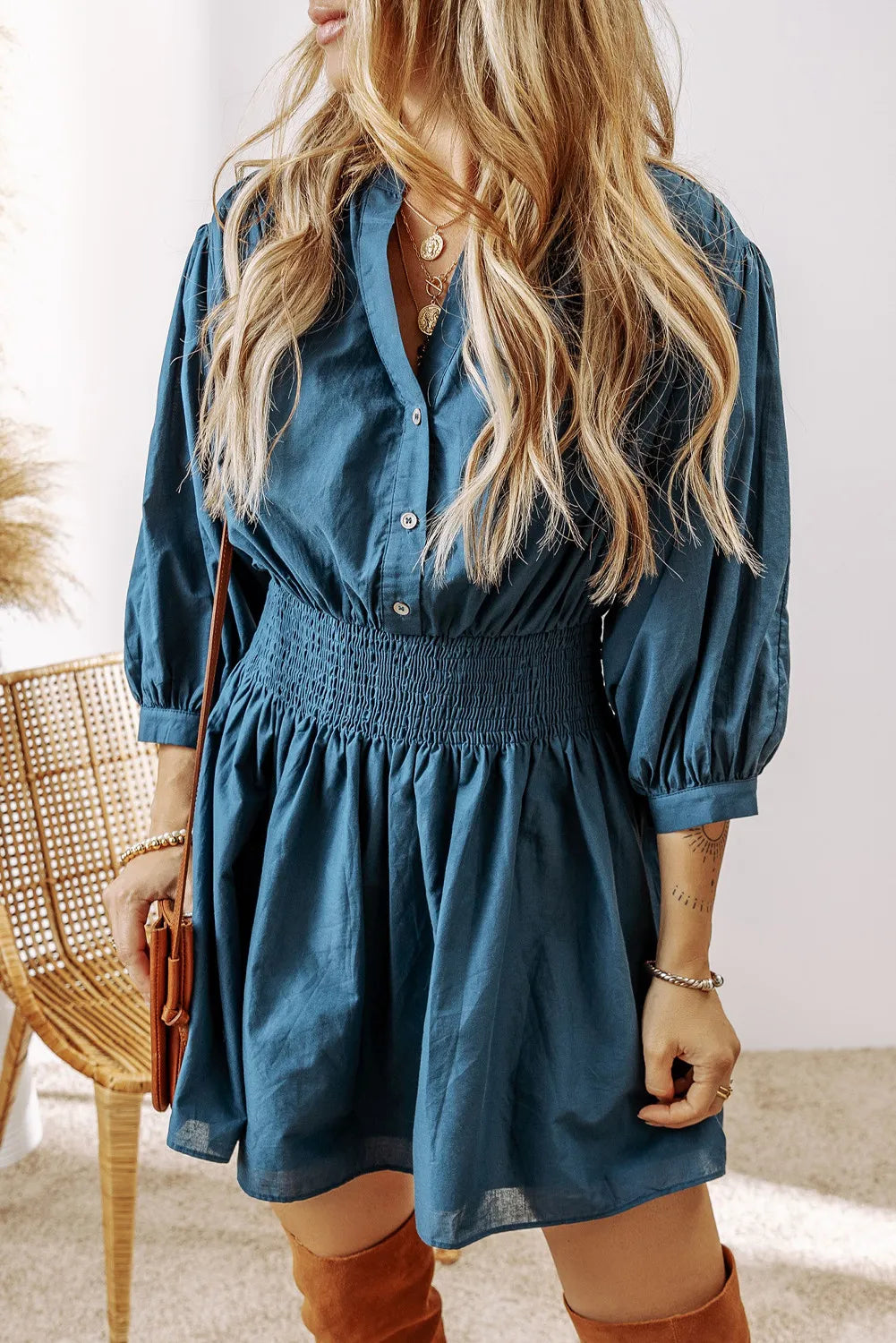 Smocked Half Button Three-Quarter Sleeve Mini Dress Dress Trendsi   