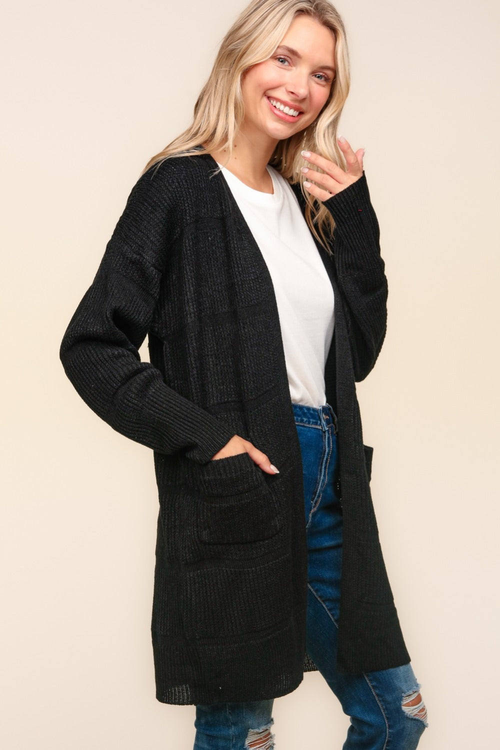 Haptics Stripe Textured Open Front Cardigan with Pockets  Trendsi   