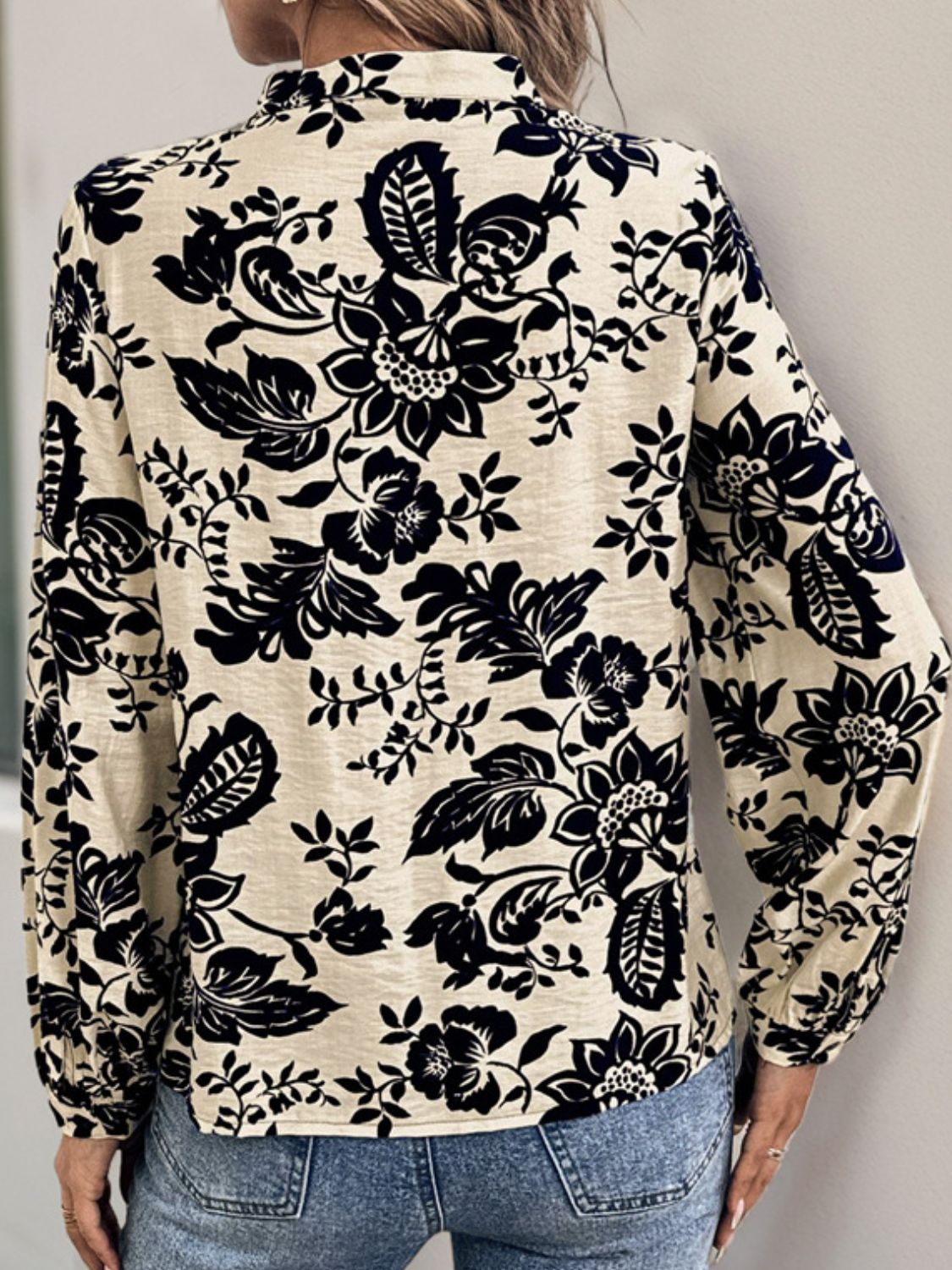 Perfee Printed Notched Long Sleeve Shirt  Trendsi   