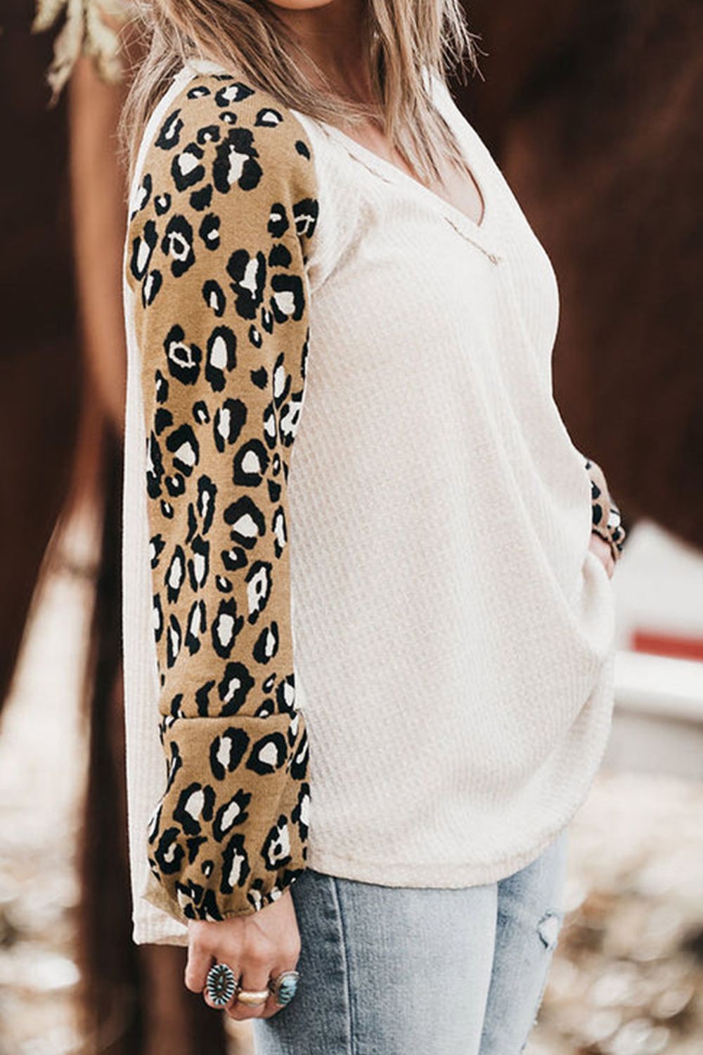 Plus Size Leopard V-Neck Raglan Sleeve Blouse Blouse Trendsi   