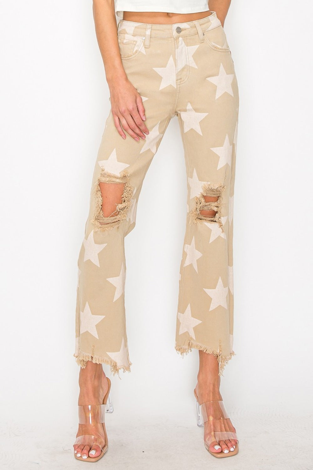 RISEN Full Size High Rise Star Printed Frayed Hem Jeans  Trendsi Khaki 0(24) 