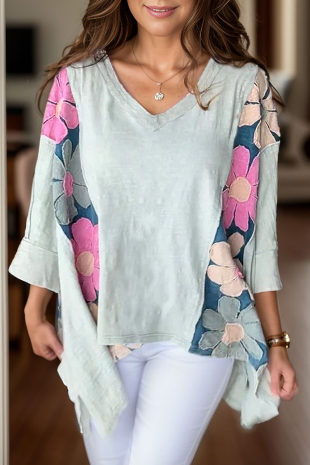 Slit Floral V-Neck Three-Quarter Sleeve Blouse Blouse Trendsi Light Green S 