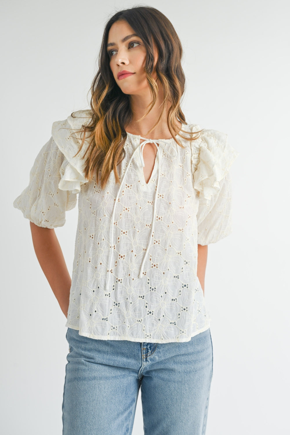 MABLE Eyelet Lace Ruffle Shoulder Puff Sleeve Blouse  Trendsi Cream S 