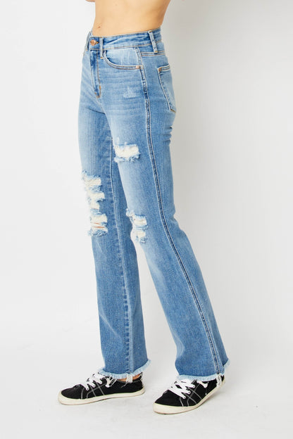 Judy Blue Full Size Distressed Raw Hem Bootcut Jeans  Trendsi   