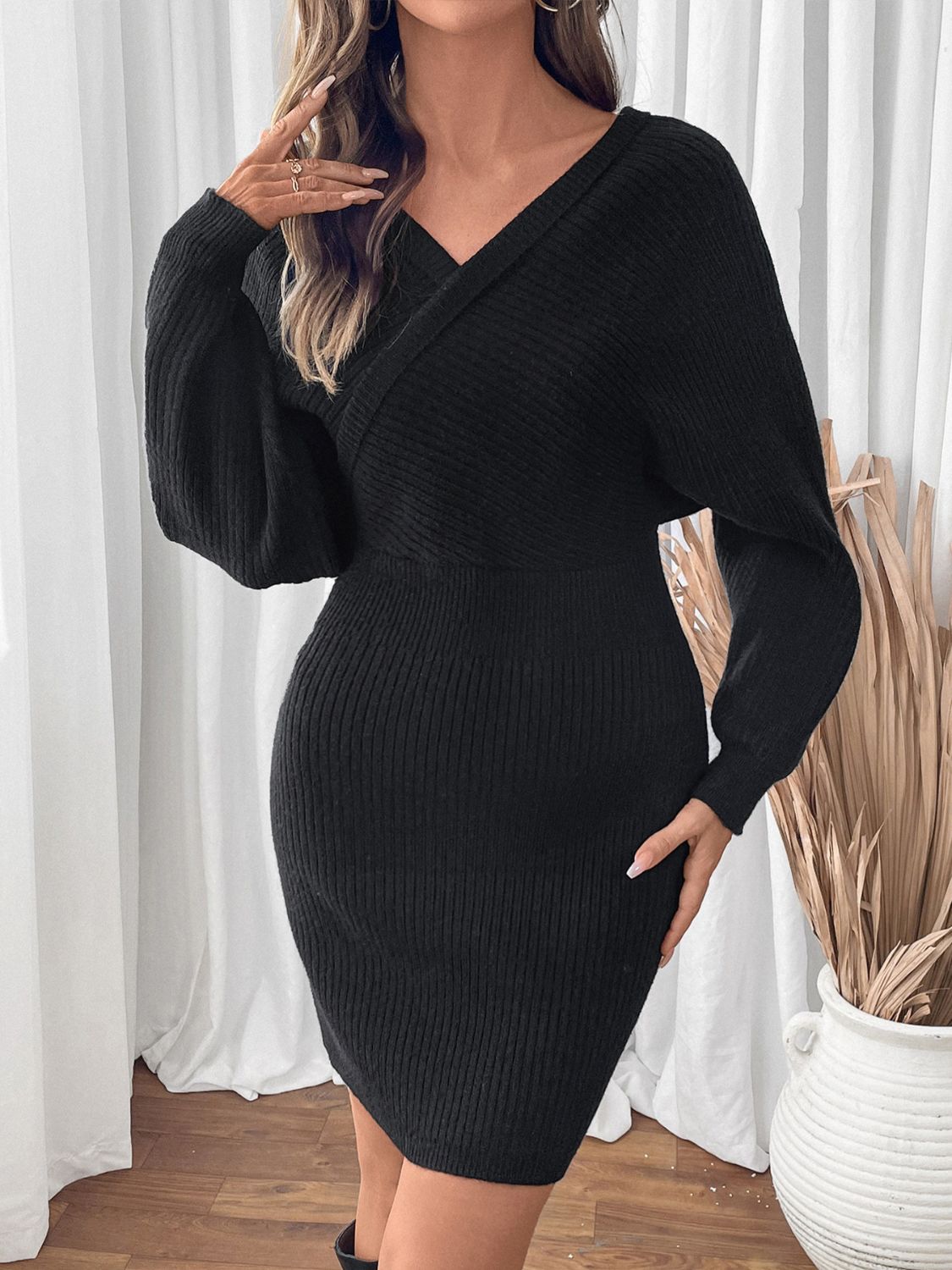 Perfee Surplice Long Sleeve Sweater Dress  Trendsi Black S 