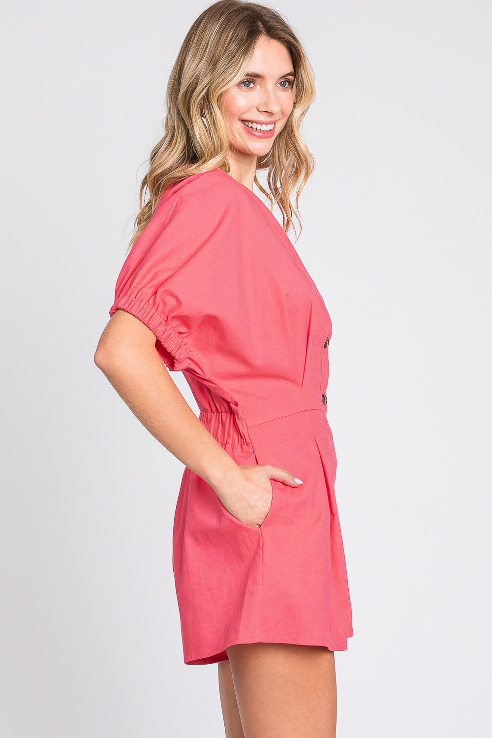 GeeGee Half Button V-Neck Linen Romper  Trendsi   