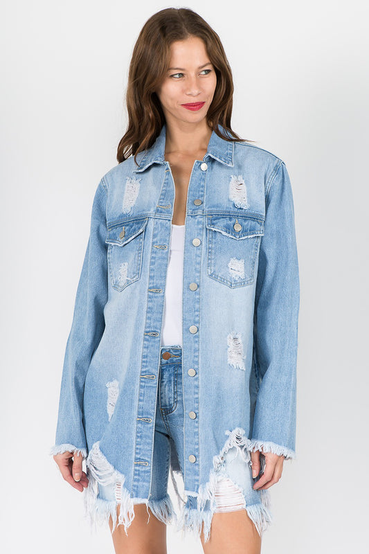 American Bazi Distressed Frayed Hem Denim Jacket  Trendsi LT Blue S 