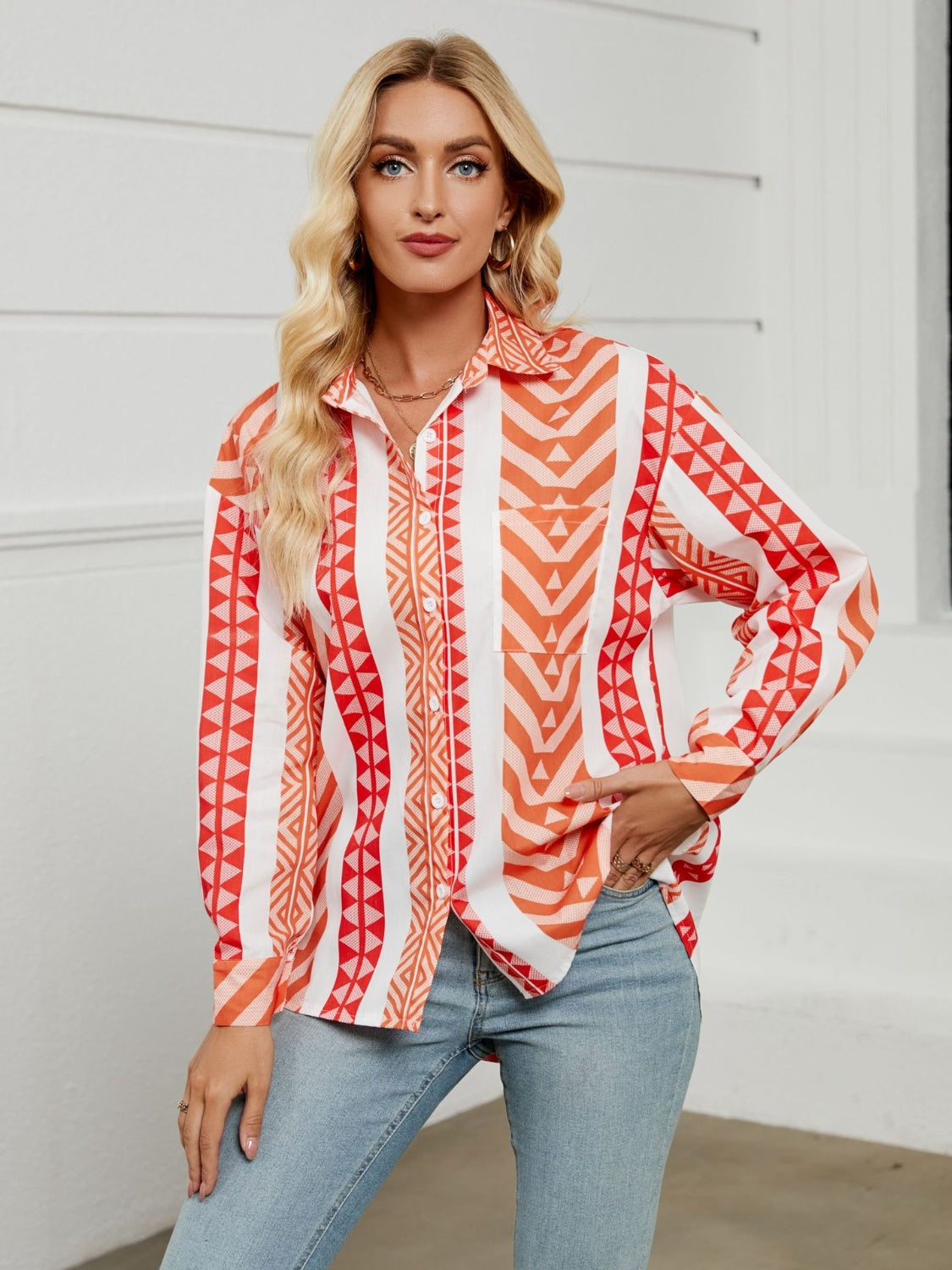 Geometric Collared Neck Long Sleeve Shirt  Trendsi   