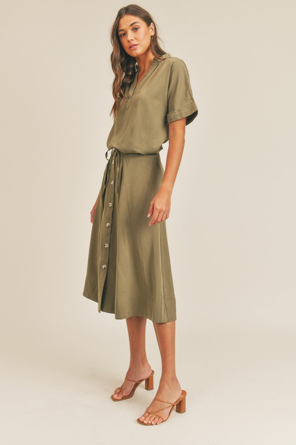 MABLE Short Sleeve Top and Button Down Midi Skirt Set  Trendsi   