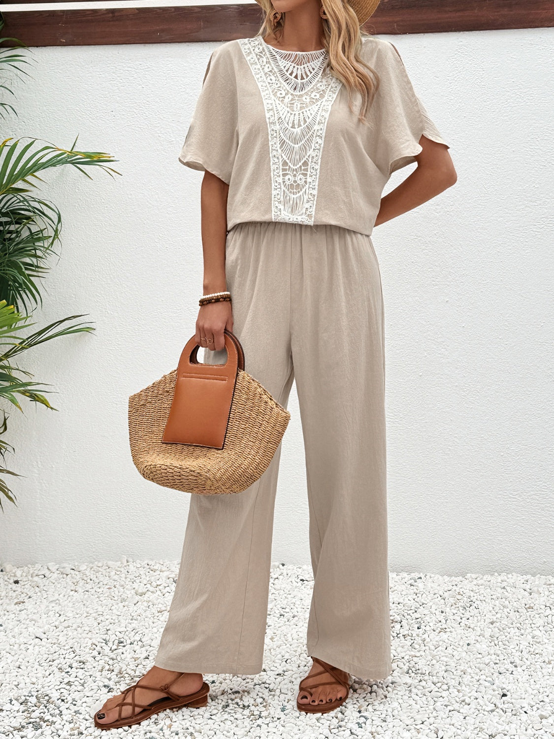 Honey Lace Detail Round Neck Top and Pants Set  Trendsi   