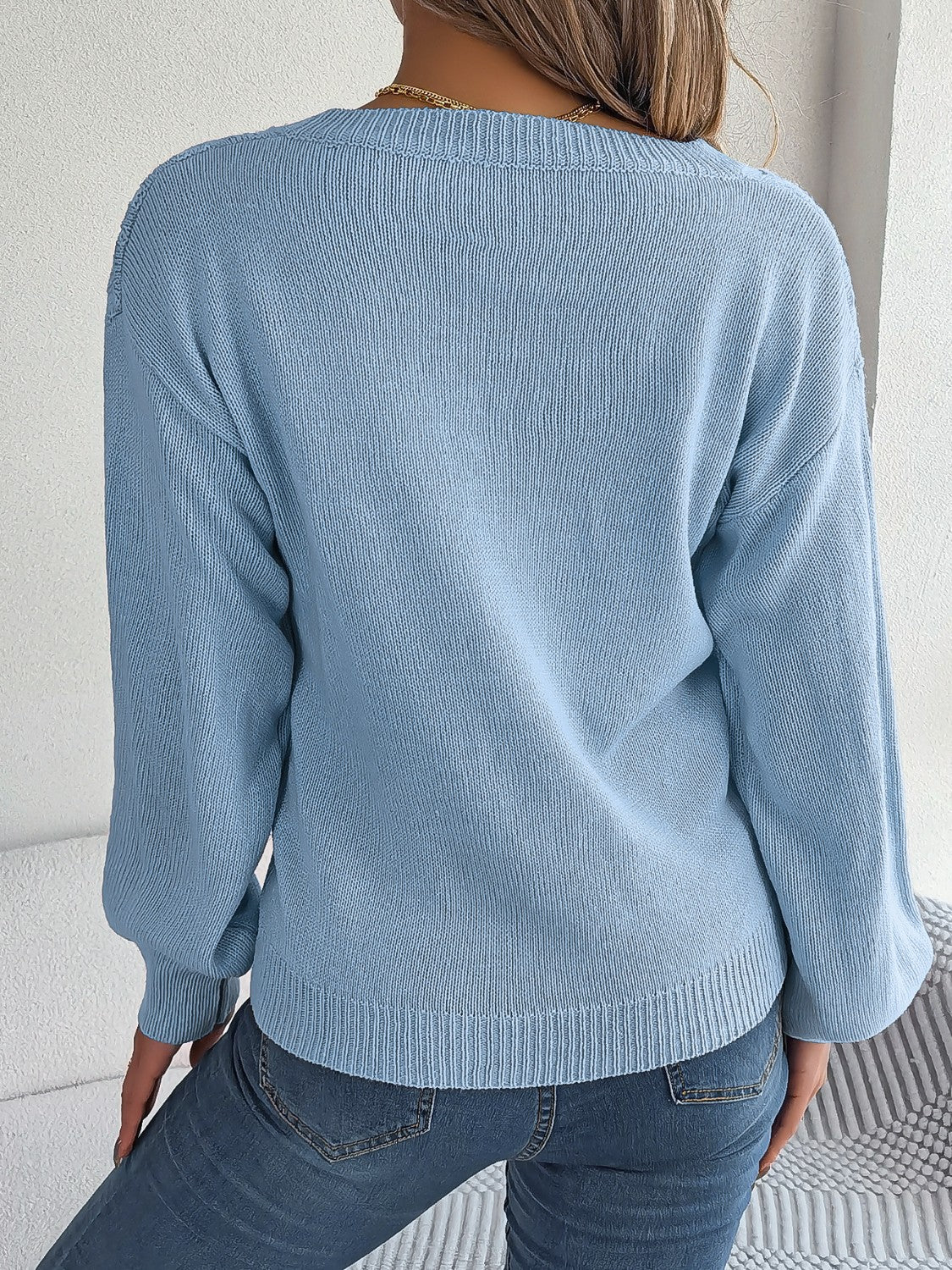 Cable-Knit V-Neck Lantern Sleeve Sweater  Trendsi   