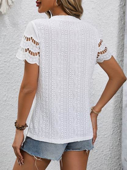 Full Size Eyelet Round Neck Short Sleeve Top Blouse Trendsi White S 