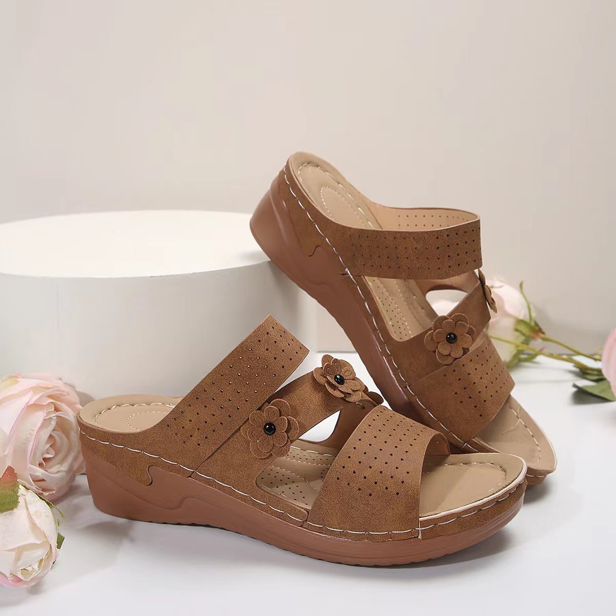 Flower PU Leather Wedge Sandals  Trendsi Brown 36(US5) 