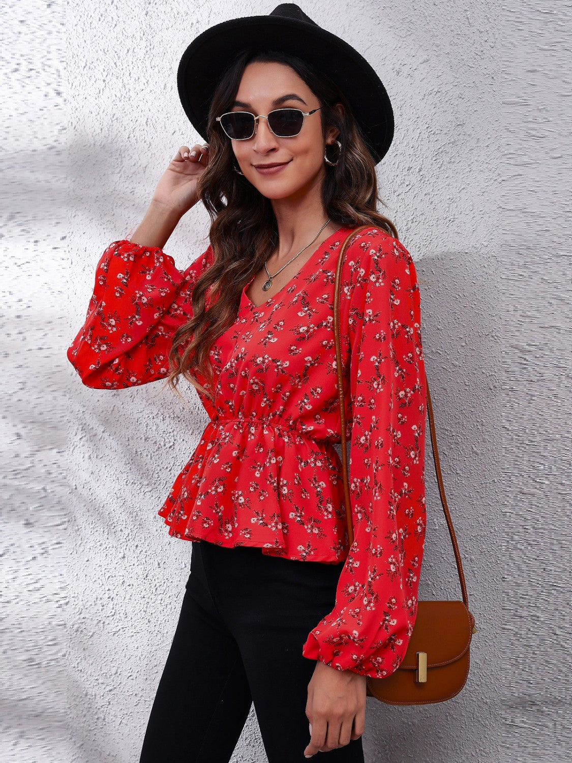 Floral V-Neck Balloon Sleeve Peplum Blouse Blouse Trendsi   