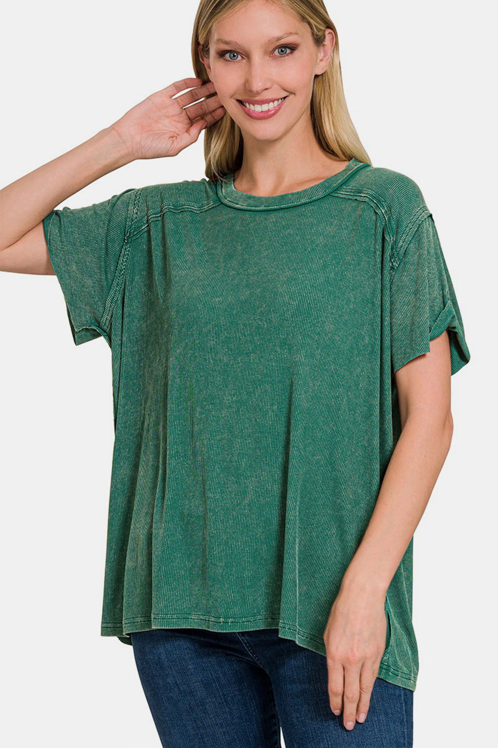 Zenana Washed Ribbed Short Sleeve Top  Trendsi DKGREEN S/M 